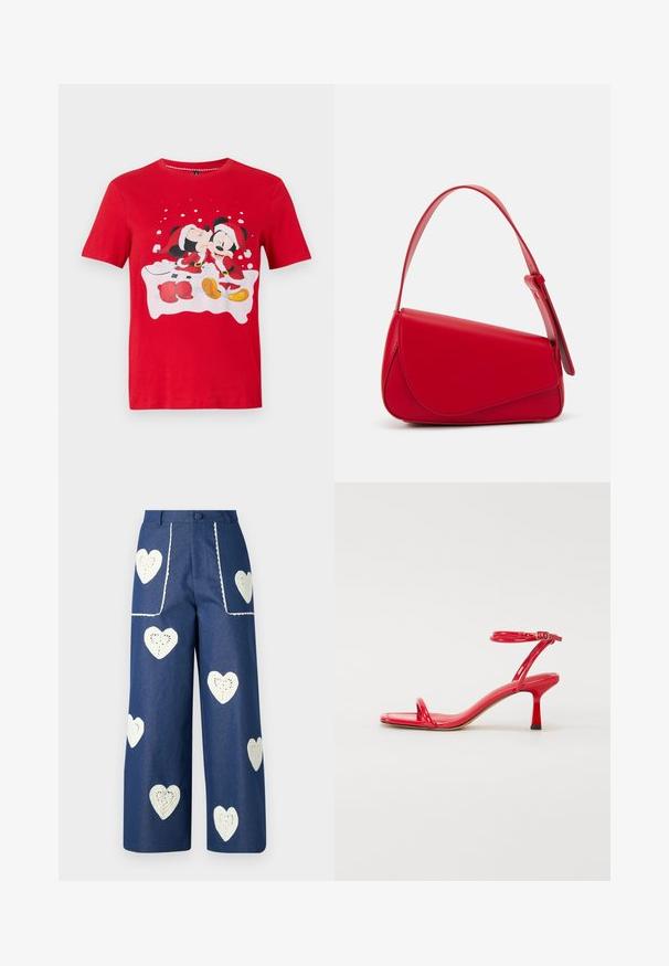 Rød kortærmet skjorte med Mickey og Minnie Mouse klædt i julesweatre, hvor Minnie kysser Mickey på kinden med et snefnugs baggrund.; Sister Jane HEART TO HEART - Jeans Straight Leg - blue denim; Røde patenterede læder højhælede sandaler med to slanke stropper henover tæerne og en spænde ankelrem; firkantet tådesign, 5 cm hæl.; Rød læderhåndtaske med et kantet, geometrisk design. Har en enkelt justerbar rem og en klaplukning med syede detaljer.