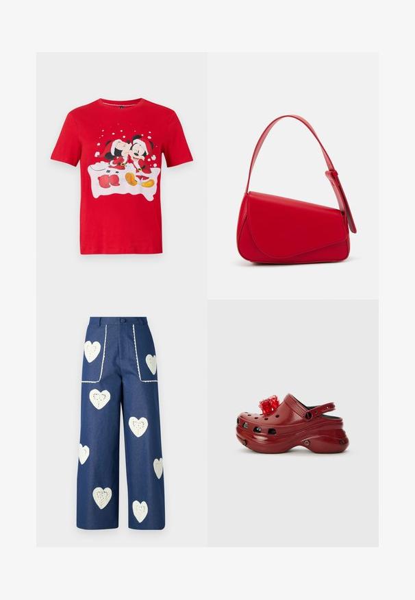Camisa corta roja con mangas cortas que muestra a Mickey y Minnie Mouse vestidos de Santa, Minnie besando a Mickey en la mejilla con un fondo de copos de nieve.; Sister Jane HEART TO HEART - Vaqueros rectos - blue denim; Zueco de plástico rojo con agujeros de ventilación, un tacón elevado y un acento floral en la parte superior. Presenta una correa trasera y lados texturizados.; Bolso de cuero rojo con un diseño angular y geométrico. Cuenta con una única correa ajustable y un cierre de solapa con detalles de costura.