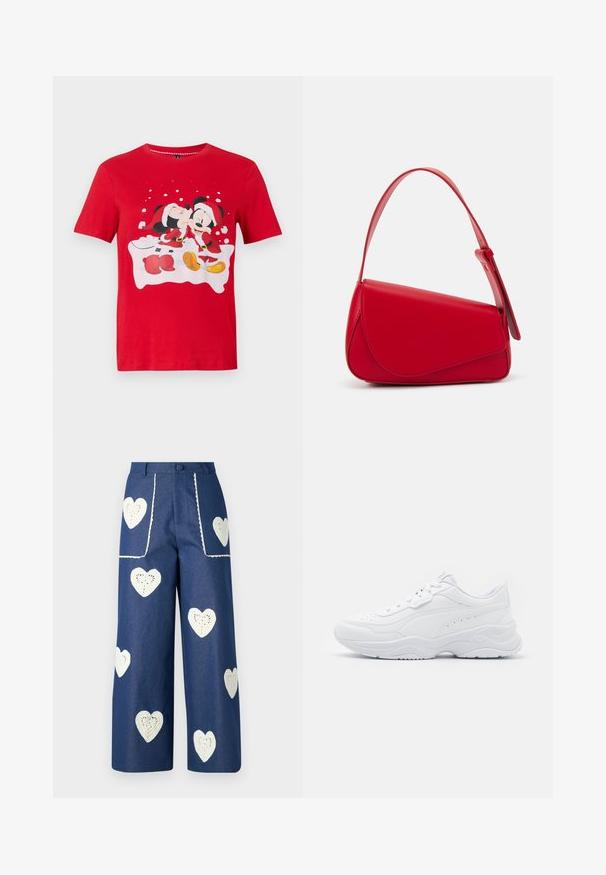 Red short-sleeve shirt with Mickey and Minnie Mouse dressed in Santa outfits, Minnie kissing Mickey on the cheek with snowflake background.; Sister Jane HEART TO HEART - Straight leg jeans - blue denim; White athletic sneakers with a smooth leather upper, rounded toe, thick sole, and perforated detailing along the sides.; Red leather handbag with an angular, geometric design. Features a single adjustable strap and a flap closure with stitched detailing.