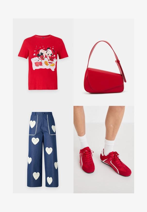 Röd kortärmad skjorta med Mickey och Minnie Mouse klädda i julsaker, där Minnie kysser Mickey på kinden med snöflingor som bakgrund.; Sister Jane HEART TO HEART - Jeans straight leg - blue denim; Röda träningsskor med vita accenter, tillverkade av mocka och mesh. Har en snörningsdesign och texturerade sulor för grepp.; Röd läderhandväska med en vinkelrät, geometrisk design. Har ett justerbart axelband och en klaffstängning med sydda detaljer.