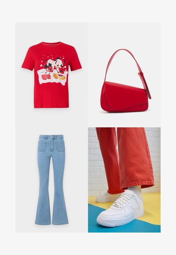 Piros, rövid ujjú póló, amelyen Mickey és Minnie Mouse karácsonyi jelmezben vannak, Minnie puszit ad Mickey-nek az arcára, hópelyhek háttérrel.; Világoskék, laza szárú farmernadrág, magas derékkal, öt zsebbel és sima denim textúrával, varrott részletekkel az illesztéseknél.; Fehér bőr edzőcipő perforált orral, texturált talppal és fehér fűzővel, széles vörös nadrággal párosítva, kék és sárga háttérrel.; Piros bőr kézitáska szögletes, geometrikus kialakítással. Egy állítható pánttal és varrott részletekkel ellátott fedélzárral rendelkezik.