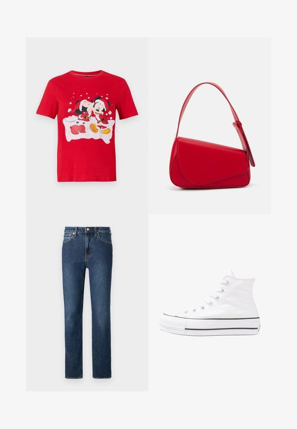 Červená tričko s krátkym rukávom, na ktorom sú Mickey a Minnie Mouse oblečení v santovských kostýmoch, Minnie bozkáva Mickeyho na líce s pozadím s snehovými vločkami.; Tmavomodré denimmové džínsy s rovnými nohavicami, so zapínaním na gombík a zips a oranžovými švami.; Biele vysoké plátené tenisky s čiernou gumovou podošvou, prednou gumovou špičkou a šiestimi okami na šnúrky, s čistým, minimalistickým dizajnom.; Červená kožená kabelka s ostrým, geometrickým dizajnom. Má jeden nastaviteľný popruh a uzatváranie na klopu so šitím.