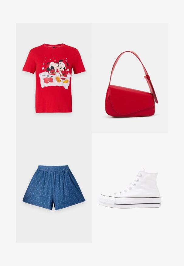 Crvena majica kratkih rukava s Mikijem i Minom Mušicom obučenim u božićne kostime, Mina daje poljubac Mikiju u obraz uz pozadinu pahulja.; Plave traperice šortse s elastičnim pojasom i bijelim točkicama. Imaju opušteni kroj i dužinu do koljena. Glatka tekstura.; Bijela visoka platnena tenisica s crnom gumenom potplatom, prednjim gumenim zaštitnikom prstiju i šest rupa za vezanje, s čistim, minimalističkim dizajnom.; Crvena kožna torba s kutnim, geometrijskim dizajnom. Ima jedan podesivi remen i preklopni zatvarač sa šivenim detaljima.