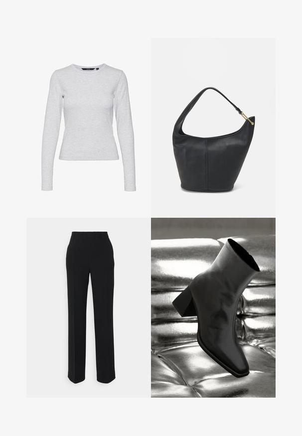 Light gray long-sleeve t-shirt made from soft cotton blend fabric. Features a round neckline and a fitted silhouette with no patterns or accents.; Black, straight-leg trousers with a smooth texture. Features a waistband and no visible patterns or accents. Classic and tailored design.; Black ankle boot made of glossy material with a square toe and tapered heel, set against a shiny silver tufted background.; Black leather handbag with a rounded shape, a wide strap, and a textured finish. Features a subtle seam detail and a gold-tone hardware accent.