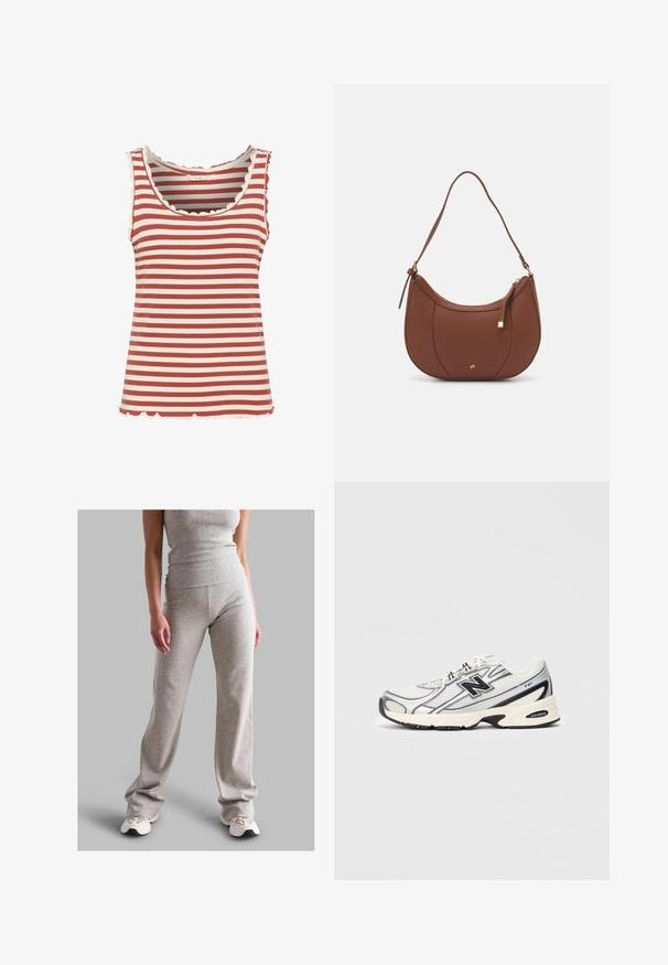 Csíkos ujjatlan felső, váltakozó mélyvörös és krém színekkel, bordás textúrával, fodros nyakkivágással és szegéllyel.; Szürke bordázott ujjatlan felső és azonos anyagból készült nadrág, rugalmas anyagból. A nadrág bővülő fazonú, és világos sportcipővel van párosítva.; Fehér és szürke sportcipő fekete "N" logóval, hálós felsőrész, párnázott talp és fűzős kialakítás, világos szürke háttér előtt.; Barna műbőr válltáska ívelt formával, minimális varrással és arany színű kiegészítőkkel. Jellemzője a felső cipzáras záródás és állítható pánt.