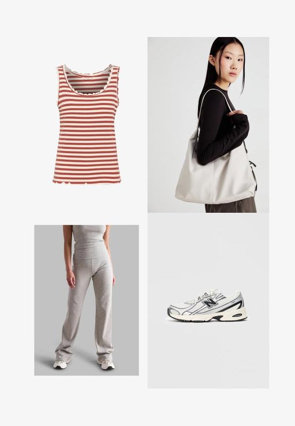 Gestreept tanktop met afwisselende dieprode en crème kleuren, geribbelde textuur, geschulpte halslijn en zoom.; Grijze geribde tanktop en bijpassende broek gemaakt van rekbaar materiaal. De broek heeft een uitlopende snit en wordt gecombineerd met lichte sneakers.; Witte en grijze sport sneaker met zwart "N" logo, mesh bovenwerk, gevoerde zool en vetersluiting, weergegeven op een effen lichtgrijze achtergrond.; Beige handtas gemaakt van zacht materiaal, met een slonzig ontwerp, gestikte details en twee schouderbanden. Geschikt voor dagelijks gebruik.