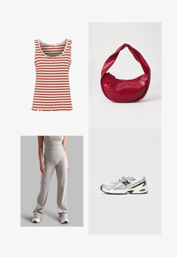 Stribet tanktop med skiftende dyb rød og creamfarve, ribbet struktur, scallop-udskæring ved halsen og kanten.; Grå ribbet tanktop og matchende bukser lavet af strækbart materiale. Bukserne har en bred bunden design og er parret med lyse sneakers.; Hvid og grå atletisk sneakers med sort "N" logo, mesh-overdel, polstret sål og snørebåndsdesign, vist på en ensfarvet lys grå baggrund.; Rød vævet læder håndtaske med et buet, polstret håndtag, lynlås lukning og en tekstureret overflade, der har en skinnende glans.