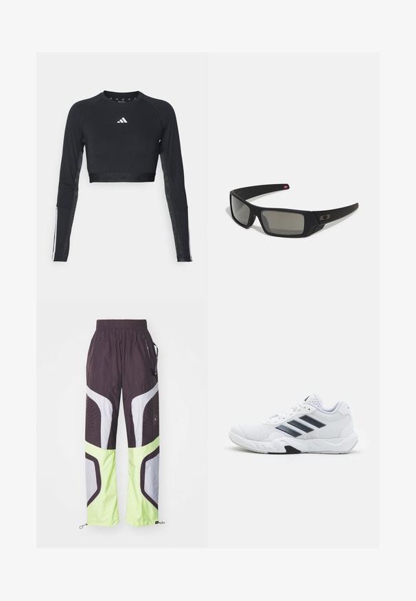 Black cropped long-sleeve workout top made of smooth fabric. Features a white logo on the chest and striped accents on the sleeves.; adidas by Stella McCartney ASMC TP - Tracksuit bottoms - mineral red/pulse lime; White athletic shoe with mesh upper, three black stripes on the side, textured accents, and a sturdy rubber sole with a contrasting black section.; Black sunglasses with a matte finish, rectangular lenses, slight curve on temples, subtle logo detail, and smoke-tinted lenses.