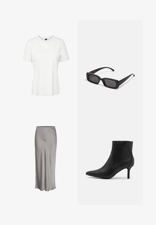 Bijela kratka majica s kratkim rukavima od pamuka, s okruglim izrezom i ležernim krojem. Glatka tekstura bez vidljivih uzoraka ili ukrasa.; Siva saten midi suknja s glatkom teksturom, laganim sjajem i širim rubom, s jednostavnim, čistim dizajnom kroz cijelu suknju.; Anna Field Gležnjače - black; Crne pravokutne sunčane naočale s tamnim lećama, sjajnim završetkom, širokim drškama i masivnim okvirom. Ugraviran naziv branda na jednoj dršci.; Smeđa kožna torba s opuštenim, prevelikim dizajnom. Ima ručku s petljom i dubokim V-izrezom za lakši pristup. Mekana tekstura, minimalistički stil.