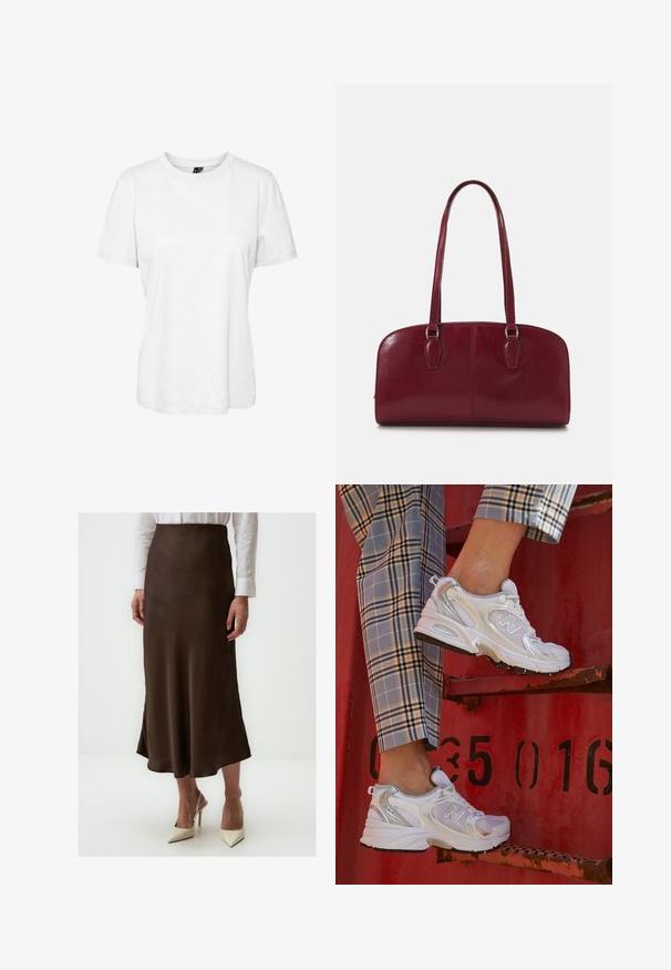 Biała koszulka z krótkim rękawem wykonana z bawełny, z okrągłym dekoltem i luźnym krojem. Gładka tekstura, bez widocznych wzorów czy ozdób.; Bursztynowa satynowa spódnica midi o gładkiej fakturze, lekko rozkloszowanym kroju i bocznym rozcięciu. Noszona z białą koszulą zapinaną na guziki i kremowymi szpilkami.; Białe siatkowe sneakersy z srebrnymi akcentami i teksturowaną podeszwą, umieszczone na czerwonej powierzchni, w połączeniu z materiałowymi spodniami w kratę.; Zign MURREN ciemnoczerwony