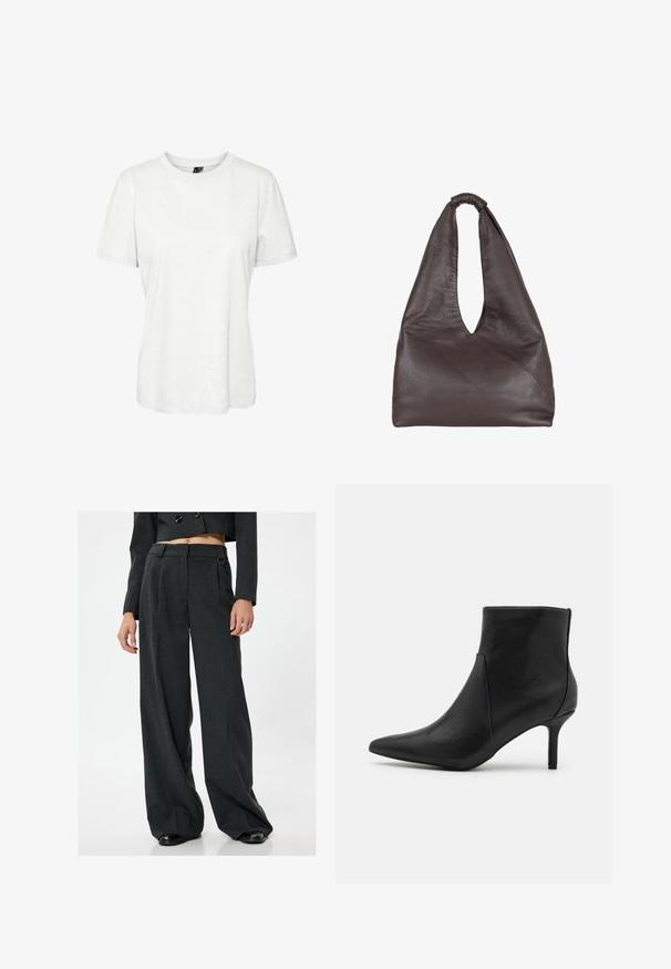 Valkoinen lyhythihainen t-paita, joka on valmistettu puuvillasta. Pyöreä pääntie ja rento malli. Sujuva pinta ilman näkyviä kuvioita tai koristeita.; Harmaat leveälahkeiset housut, joissa on teksturoitu kangas, korkeampi vyötärö, sivutaskut ja vyölenkit. Sileä pinta ja huomaamattomat laskokset.; Anna Field Nilkkurit - black; Ruskea nahkabag, jossa on roikkumaiseen ja ylisuureen tyyliin. Varustettu silmukkakahvalla ja syvällä V-leikkausaukolla helppoa pääsyä varten. Pehmeä rakenne, minimalistinen tyyli.