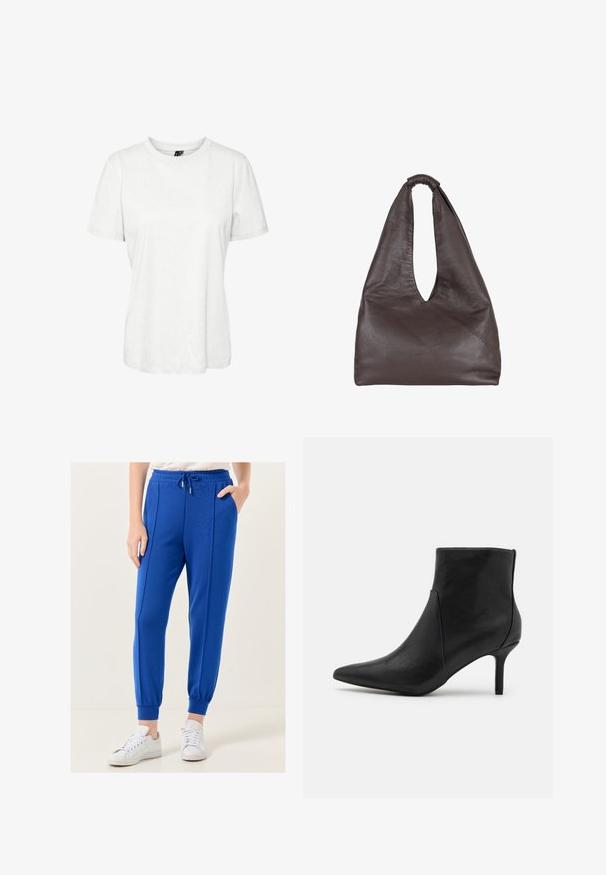 Witte korte mouw t-shirt van katoen met een ronde hals en een relaxte pasvorm. Gladde textuur en geen zichtbare patronen of versieringen.; Jimmy Key HIGH WAIST JOGGER - Trainingsbroek - blue; Anna Field Enkelkaarsjes - black; Bruine leren tas met een slappe, oversized uitstraling. Beschikt over een lusvormige handgreep en een diepe V-vormige opening voor gemakkelijke toegang. Zachte textuur, minimalistische stijl.