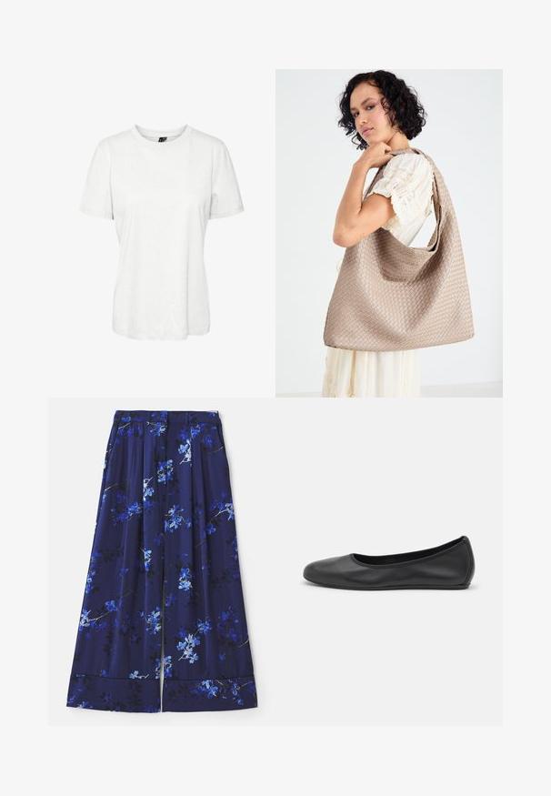 Fehér, rövid ujjú pamut póló, kerek nyakkivágással és laza szabással. Simább textúra, és nincsenek látható minták vagy díszítések.; Tengerészkék szoknya virágmintával, kék és fehér virágokkal. Az anyag sima, redőzött, széles szegéllyel.; Fekete bőr balettcipő lekerekített orral, sima tekstúrával, minimális varrással és rugalmas talp kialakítással.; Szőtt bézs tote táska laza kialakítással és egyetlen vállpánttal. A felületén textúrált minta található.