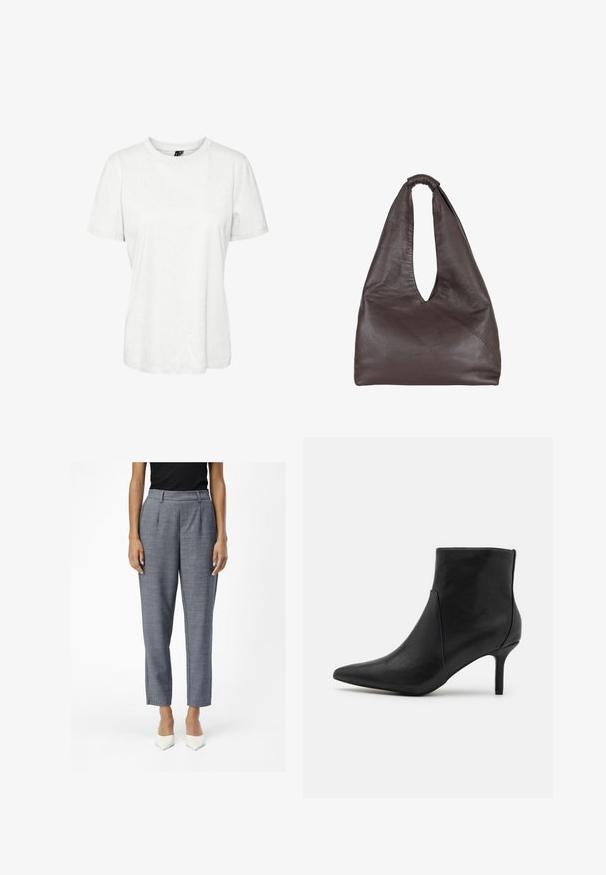 Balta īsām piedurknēm T-krekls, izgatavots no kokvilnas, ar noapaļotu kakla izgriezumu un brīvu piegriezumu. Gluda tekstūra, bez redzamām apdrukām vai rotājumiem.; Pelēki piegrieztie bikses ar teksturētu apdari, kurām ir augsts jostasvieta, sānu kabatas un šauras, īsas kājas. Balti norādītu pirkstu papēži pabeidz tērpu.; Anna Field Puszābaki - black; Brūns ādas soma ar vaļīgu, pārmērīgi lielu dizainu. Iespējo gredzenveida rokturis un dziļa V-veida atvēršana vieglai piekļuvei. Mīksta tekstūra, minimālisma stils.