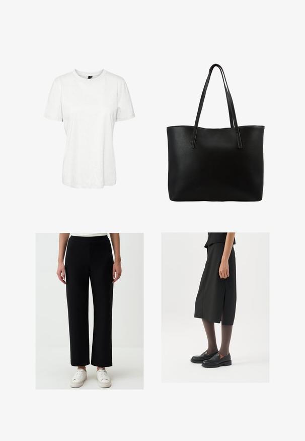 Witte korte mouw t-shirt van katoen met een ronde hals en een relaxte pasvorm. Gladde textuur en geen zichtbare patronen of versieringen.; Zwarte, wijde broek van zacht materiaal, met een elastische tailleband en rechte snit. Gecombineerd met witte sneakers.; Zwarte knielange rok met zijsplit, gecombineerd met zwarte loafers en doorzichtige bruine panty's, met een mooie stof en een eenvoudig ontwerp.; Zwarte tote bag met een textured leren buitenkant, hoge rechthoekige vorm, twee lange handvatten en een open ontwerp. Geen zichtbare hardware.