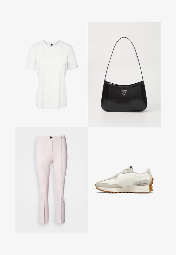 T-shirt blanc à manches courtes en coton, avec un col rond et une coupe décontractée. Texture lisse et sans motifs ni embellissements visibles.; Pantalons sur mesure roses avec une légère évasement, dotés d'une fermeture à bouton à l'avant, de deux coutures verticales et d'une texture lisse.; Baskets blanches et beiges avec un empeigne en cuir lisse, des accents en daim, un bout arrondi et une semelle en caoutchouc texturé. Nom de la marque imprimé sur le côté.; Sac à épaule en cuir verni noir avec une forme incurvée, présentant un logo triangle en argent et une fermeture éclair. Texture lisse et bandoulière fine.