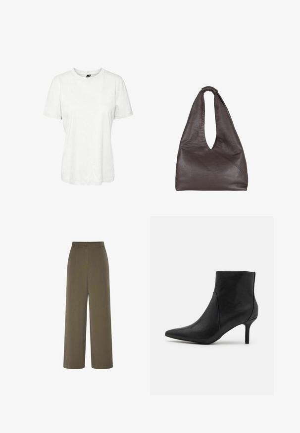 Biely krátky rukáv tričko vyrobené z bavlny s okrúhlym výstrihom a voľným strihom. Hladká textúra a žiadne viditeľné vzory alebo ozdoby.; Široké nohavice v olivovozelenej farbe z tkaniny, s gombíkovým zapínaním a hladkou textúrou. Strih na mieru s minimalistickou estetikou.; Anna Field Členkové čižmy - black; Hnedá kožená taška s uvoľneným, nadrozmerným dizajnom. Obsahuje slučkovú rukoväť a hlboké vykrojenie do V pre jednoduchý prístup. Mäkka textúra, minimalistický štýl.