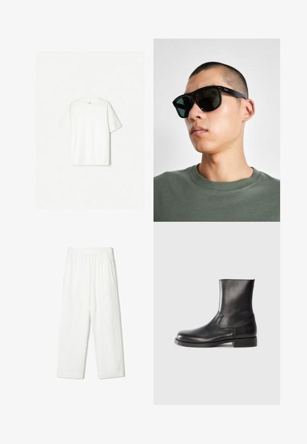 White short-sleeve t-shirt made of soft cotton. Crew neck design with a relaxed fit and no visible logos or patterns.; White, wide-legged pants made of textured fabric. Features an elastic waistband and two side pockets. Casual, loose fit design.; Black leather ankle boot with a smooth texture, rounded toe, elastic side panels, and a low, textured rubber sole.; Black rectangular sunglasses with dark lenses, featuring a distinctive shape and branding on the temple. Worn by a person in a green shirt.