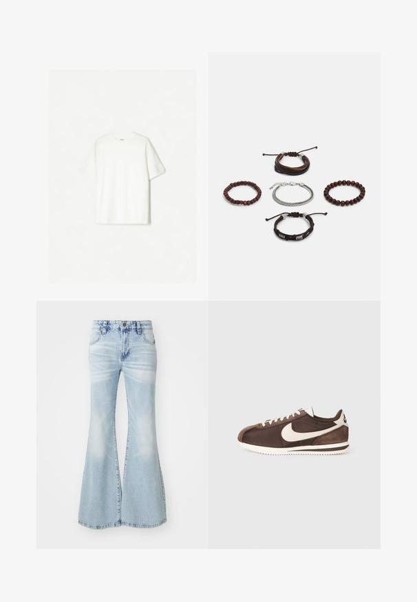 Fehér, rövid ujjú póló, puha pamutból készült. Környakú dizájn, laza szabással, látható logók vagy minták nélkül.; Világoskék, fodros farmernadrág, amely magas derekú, kopásos megjelenésű, és klasszikus öt zsebes stílusú, ezüst színű részletekkel.; Barna sneaker, amely velúr és vászon anyagok keverékéből készült, fehér Nike pipa logóval és érdes gumitalppal rendelkezik.; Öt darabból álló karkötőszett, barna bőrből, fa gyöngyökkel és ezüst lánccal; különböző textúrákkal és formákkal, állítható zárással.