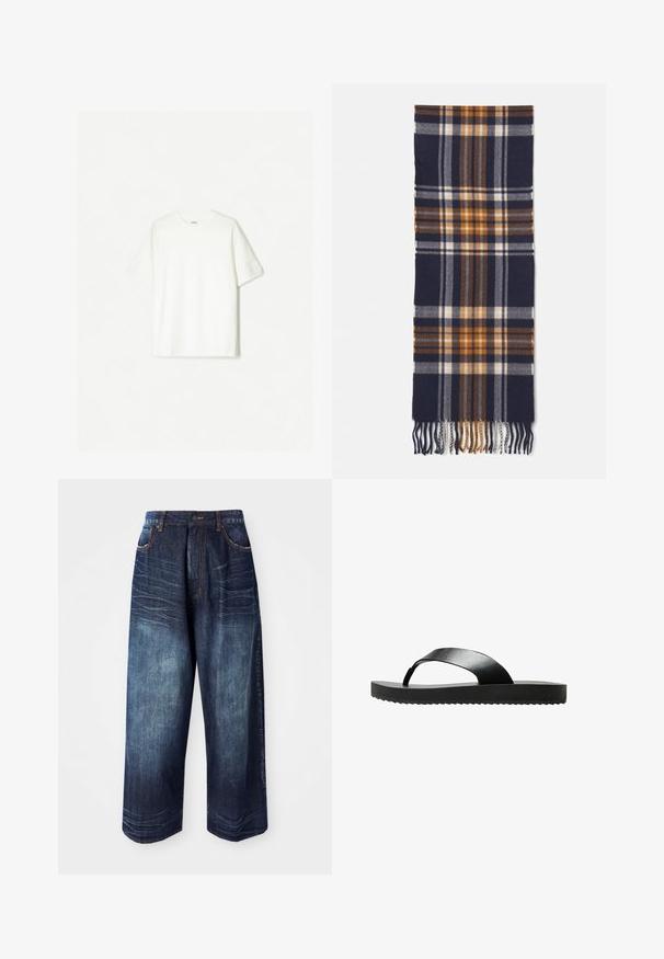 Bílý krátký rukáv tričko vyrobené z měkké bavlny. Design s kulatým výstřihem a uvolněným střihem, bez viditelných log nebo vzorů.; Tmavě modré denimové kalhoty s širokými nohavicemi mají vysoký pas, kontrastní prošívání, přední kapsy a hladkou texturu s mírným vyblednutím.; Černé žabky s plochou podrážkou, vyrobené z hladkého materiálu. Mají minimalistický design s jedním popruhem a texturovanou spodní stranou.; Námořnický modrý kostkovaný šál vyrobený z měkké tkaniny, který má oranžové, bílé a hnědé kostkované vzory s třásněmi na koncích pro texturu.