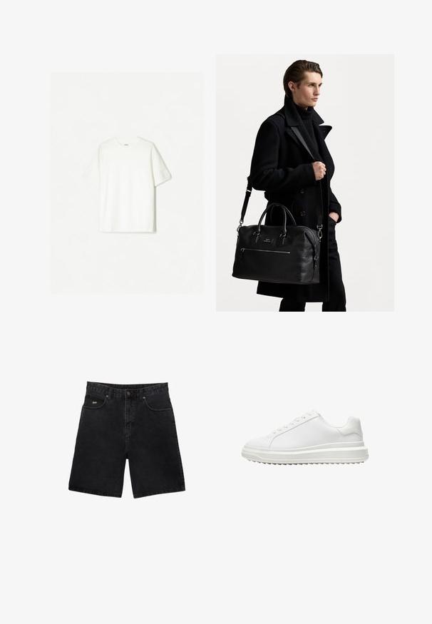 Hvid kortærmet t-shirt lavet af blød bomuld. Rund hals design med en afslappet pasform og ingen synlige logoer eller mønstre.; Sorte denim shorts med lige snit, fem lommer, metallisk knaplukning og subtilt brandlogo på forlommen.; Hvid sneaker med en glat syntetisk overdel, rund tå, flade snørebånd, struktureret sål og et lagdelt platformsdesign for ekstra højde.; Sort læder duffel taske med top-håndtag og aftagelig skulderrem. Tekstureret overflade, frontlomme med lynlås og minimal mærkning.