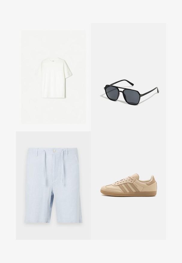 Bílý krátký rukáv tričko vyrobené z měkké bavlny. Design s kulatým výstřihem a uvolněným střihem, bez viditelných log nebo vzorů.; Světle modré proužkované šortky s páskem na stažení v pase, předními kapsami a knoflíkovým zavíráním, vyrobené z lehkého materiálu.; Béžové kožené tenisky se třemi vodorovnými pruhy, kulatou špičkou, plochou hnědou gumovou podrážkou a měkkou textilní podšívkou na límci a jazyku.; Černé sluneční brýle s osmiúhelníkovým rámem, tmavými čočkami, lesklým povrchem, tenkými nožičkami a zlatými akcenty na přední části.
