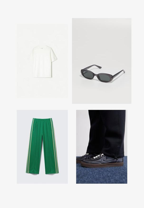 Weißes T-Shirt mit kurzen Ärmeln aus weicher Baumwolle. Crew-Hals Design mit lässiger Passform und ohne sichtbare Logos oder Muster.; Grüne, weit geschnittene Hosen aus glattem Stoff, mit elastischem Bund und kontrastierenden gelben Seitenstreifen mit Zickzackmuster.; Nike Sportswear KILLSHOT 2 LTR PRM OPP2 - Sneaker low - black sail baroque brown mtlc dk grey; Schwarze ovale Ray-Ban-Sonnenbrille mit dunklen Gläsern auf einem weißen Hintergrund, mit Markenlogos auf dem Glas und den Bügeln.; Schwarzes Strickmütze- und Schals-Set. Verfügt über eine gerippte Textur und goldene Logo-Akzente. Weicher Stoff mit einem eleganten Design, geeignet für kaltes Wetter.