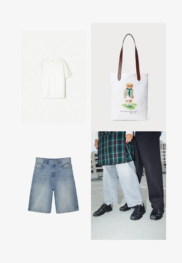 Bela kratka majica s kratkimi rokavi iz mehkega bombaža. Oblečen kroj s sproščenim prileganjem in brez vidnih logotipov ali vzorcev.; Svetlo modri denim kratki hlače s ravno zasnovo imajo pet žepov, zadrgo in rahlo zbledel videz.; Črne atletske čevlje z mrežastimi in gumijastimi poudarki. Nosi se jih z svetlo sivimi širokimi kavbojkami in karirastim zelenim zgornjim delom. Ozadje je ravna površina.; Kanvas torba za nošenje, ki prikazuje risanega medveda v zeleni ruti in blazerju, z rjavimi usnjenimi naramnicami. Bela podlaga, tiskana zasnova.
