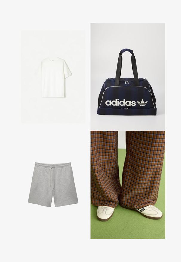 Vit kortärmad t-shirt i mjuk bomull. Rundhalsdesign med avslappnad passform och inga synliga logotyper eller mönster.; Grå bomullsshorts med elastisk midjeband och dragsnöre, med två sidofickor och en mjuk, texturerad yta.; Bruna och blå rutiga vida byxor i kombination med vita skor med svarta accenter och texturerade sulor, mot en grön bakgrund.; Marinblå duffelväska med vit Adidas-logga, med dragkedja i toppen, två robusta svarta handtag och sidofickor i nät. Slät tygtextur.