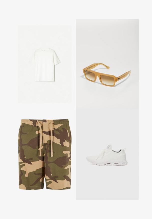 Fehér, rövid ujjú póló, puha pamutból készült. Környakú dizájn, laza szabással, látható logók vagy minták nélkül.; Zöld, barna és bézs mintázatú pamut keverékből készült kamó rövidnadrág. Elasztikus derékpánttal és zsinórral rendelkezik. Kényelmes szabás és térdig érő kialakítás.; Fehér sportcipők, texturált kötött felsőrésszel, lapos fűzőkkel és párnázott talppal, amely látható légkamrákkal rendelkezik a megerősített kényelem érdekében.; Téglalap alakú napszemüveg áttetsző borostyán színű kerettel. Gradiens barna lencsék és kiemelkedő szárak logóval. Simább, fényes felület.