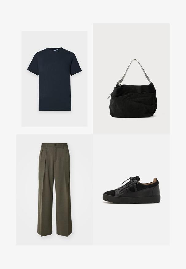 Námořnická modrá bavlněná trička, krátké rukávy, kulatý výstřih, obsahuje texturovaný design loga přes hruď v světlejším odstínu.; Filippa K WIDE TROUSERS - Kalhoty - driftwood; Giuseppe Zanotti DOUBLE ZIP - Tenisky - black; Černá semišová taška s měkkým, uvolněným designem. Má tenký, hladký kožený ramenní popruh a jemné detaily prošívání.