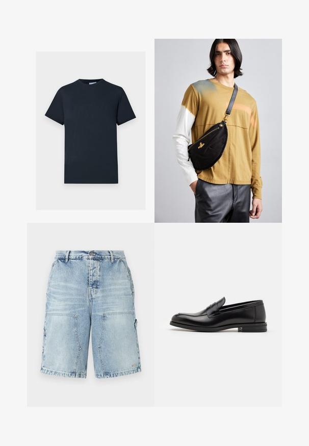 Marinblå bomullströja med kort ärm och rund halsringning, har en strukturerad logodesign över bröstet i en ljusare nyans.; Ljusblå denimshorts med en avslappnad passform, som har två framfickor och ytterligare sidfickor. Sliten textur genom hela shortsen.; Svarta läderloafers med en slät yta, rund tå och ett dekorativt band över främre delen. Låg staplad klack, minimalistisk design.; Vivienne Westwood CITY BUMBAG UNISEX - Bältesväska - black