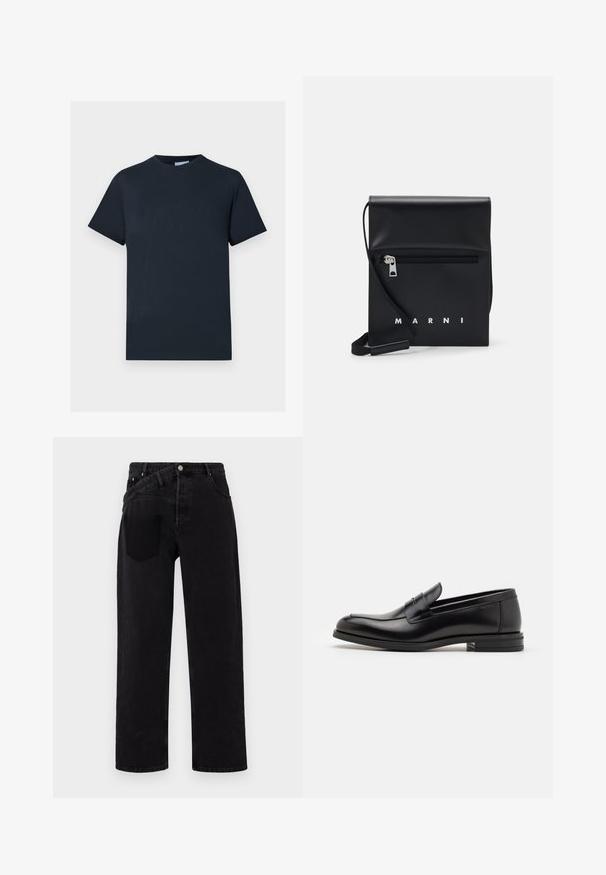 Maglietta di cotone blu navy, maniche corte, collo rotondo, con un design del logo testurizzato sul petto in una tonalità più chiara.; Jeans di denim neri con un design a gamba dritta, dotati di chiusura con bottone frontale, stile a cinque tasche e una singola tasca posteriore sul lato destro.; Mocassini neri in pelle con una texture liscia, punta arrotondata e una striscia decorativa sulla tomaia. Tacco basso impilato, design minimalista.; Borsa a tracolla in pelle nera con tasca frontale con zip, logo in rilievo e tracolla regolabile. Texture liscia con una forma strutturata.