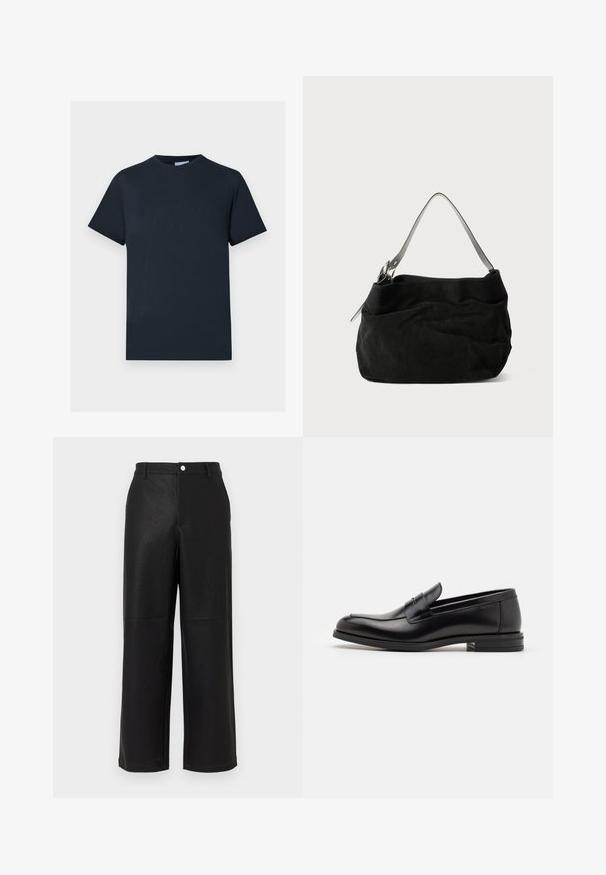 Laivansininen puuvillapaita, lyhyet hihat, pyöreä pääntie, jossa on teksturoitu logo-design rinnassa vaaleammassa sävyssä.; Mustat tekonahkaiset leveät housut, joissa on hienovarainen teksturointi. Varustettu etutaskuilla ja sileällä vyötärönauhalla, jossa on nappikiinnitys.; Mustat nahkakengät, joissa on sileä pinta, pyöreä kärki ja koristeellinen nauha jalkapöydän yli. Matala pinoitu koroke, minimalistinen muotoilu.; Mustan mokkanahan laukku, jossa on pehmeä ja rosoinen muotoilu. Varustettu ohuella, sileällä nahkahihnalla ja hienovaraisilla ompeluyksityiskohdilla.