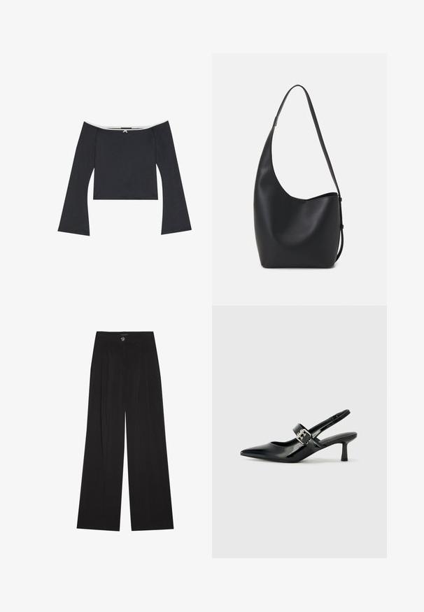 Schwarzes, schulterfreies Crop-Top mit langen Glockenärmeln, einer glatten Textur und einem weißen Saum entlang des Ausschnitts. Der Rücken hat ein dekoratives Knoten-Detail.; Schwarze weit geschnittene Hose mit Falten, mit einem Knopfverschluss und zwei seitlichen Taschen; glatte Textur mit tailliertem Design.; Schwarze Lackleder Slingback-Absätze mit spitzem Zeh und kleinem Blockabsatz, ausgestattet mit einem silbernen Schnallenakzent am Riemen.; Schwarze Leder-Hobo-Tasche mit einer glatten Textur, geschwungener Form und einem einzelnen verstellbaren Tragegurt; verfügt über eine weite Öffnung am oberen Ende.