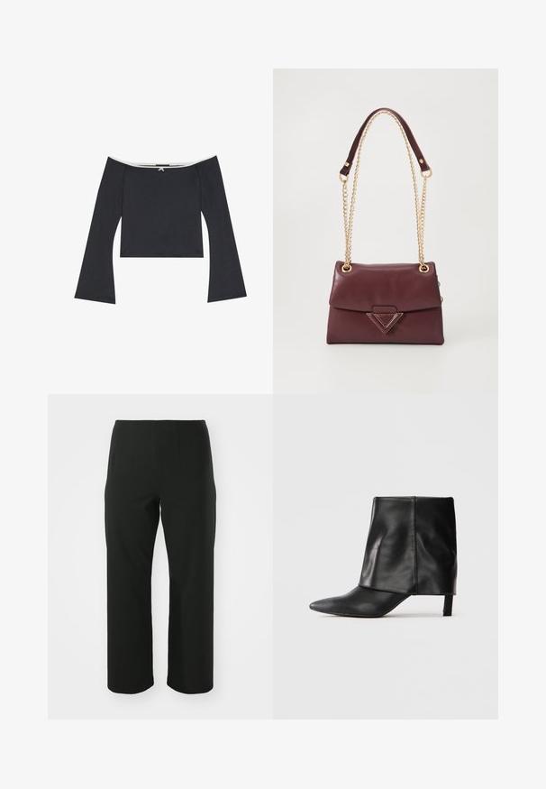 Black off-the-shoulder crop top featuring long bell sleeves, a smooth texture, and a white trim along the neckline. Back has a decorative knot detail.; Vero Moda Curve VMCAUGUSTA PANT - Trousers - black; Black leather mid-calf boot with pointed toe, folded upper shaft, and slender low heel standing on white background.; Burgundy leather handbag with a fold-over flap, featuring a gold chain strap and a triangular metal accent on the front. Smooth texture.; Silver drop earrings with multiple clear rhinestones, featuring a cascading design and textured surfaces, set against a neutral background.