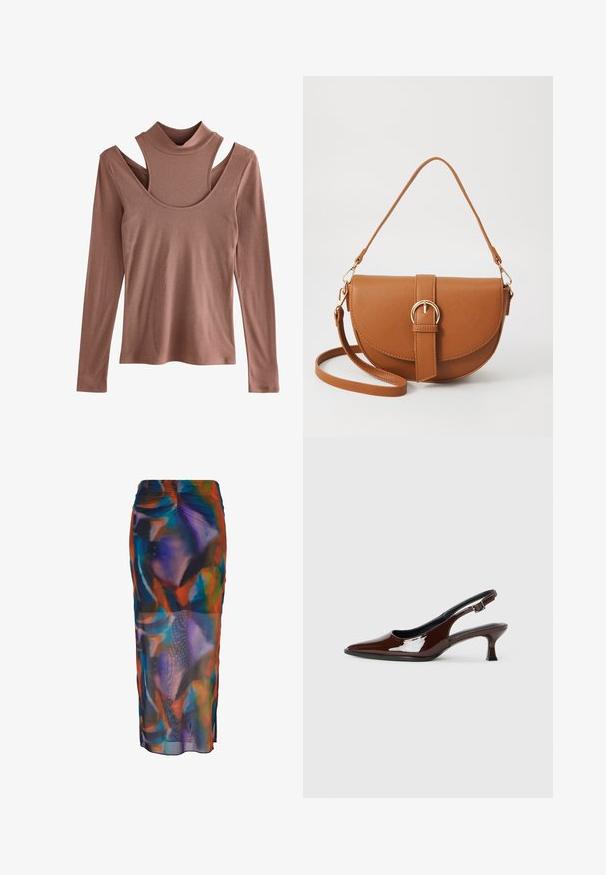 Dlhý rukáv top v tlmenej tehlovej farbe, ribkované textúrovanie, s vysokým golierom a výrazným strihom na pleciach.; Viacfarebná sukňa z pása s tekutou, priesvitnou tkaninou s abstraktnými vzormi v modrej, oranžovej a purpurovej farbe. Elastický pás s bočnými rozparkami.; Hnedá lakovaná slingback obuv s špicatou špičkou a mierne vysokým opätkom. Obsahuje pracku pre bezpečné upevnenie. Hladká textúra.; Hnedá kožená kabelka cez telo s zakriveným tvarom, zlatými kovovými doplnkami a akcentom s prackou. Obsahuje odnímateľný ramenný popruh.