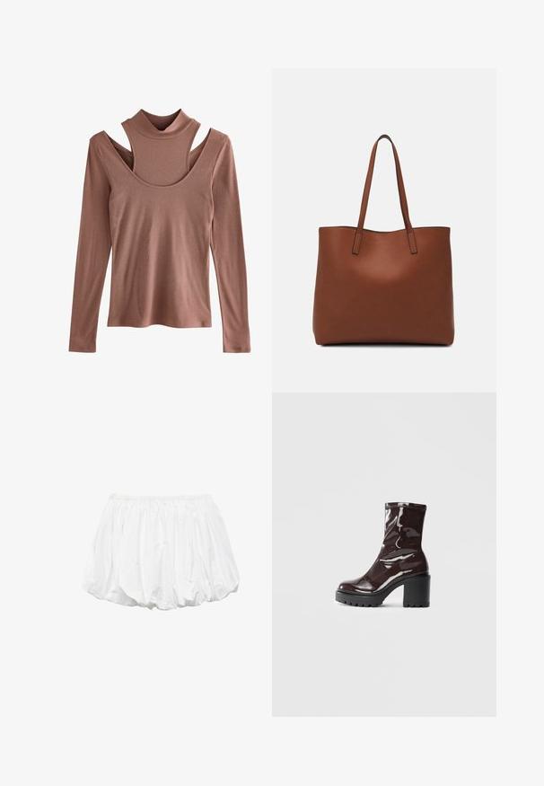 Camiseta de manga larga en un tono óxido suave, con textura acanalada, que presenta un cuello alto y un diseño de corte distintivo en los hombros.; Pantalones cortos de algodón blanco con cinturilla elástica y diseño plisado, con una textura suave y forma redondeada.; Botín burdeos brillante hasta el tobillo con un tacón negro grueso, que presenta una textura suave y un diseño sencillo. Sin cierres ni patrones visibles.; Bolso tote de cuero marrón con una textura suave, diseño de apertura superior y dos correas para el hombro. Presenta una costura mínima y sin herrajes visibles.