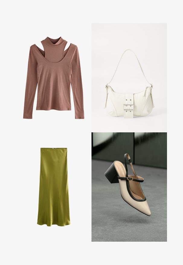 Pikend varrukatega pluus tuhm pronksikarva, ribakoes, millel on vale kaelus ja silmapaistev õlavarre lõikekujundus.; Next REGULAR FIT - Maksiseelik - khaki green; Beesidega teravatoe slingback king, musta äär ja kuldne pandla, tummise plokk-kontsa peal hallil põrandal tumesinise tausta ees.; Valge õlakott tekstuuriga viimistlusega, keskel kinnitatud pandlaga ja kõverate kujunditega. Tõmblukuga kinnitused mõlemal küljel.