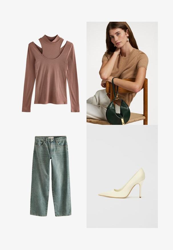 Dug broj dugih rukava u umirujućoj boji hrđe, rebraste teksture, s visokom ovratnikom i posebnim izrezom na ramenu.; Prostrane svijetloplave traperice visokog struka, širokih nogavica, s pet džepova i suptilnim izbljeđivanjem. Klasično šivanje uz šavove i pojasu.; Cipele s visokom petom napravljene od glatke kože boje krem. Imaju zašiljen đon, elegantnu siluetu i tanke stiletto pete.; Smeđi pulover s kratkim rukavima uparen s zelenom kožnom torbom s zakrivljenim dizajnom i zlatnim detaljima, smješten na drvenoj stolici.