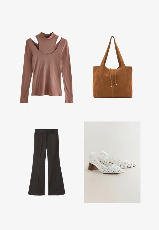 Długi rękaw w stonowanym kolorze rdzy, ribbowa tekstura, z wysokim kołnierzem i charakterystycznym wycięciem na ramionach.; Czarne spodnie z szerokimi nogawkami i wysokim stanem; posiadają dwie przednie kieszenie oraz gładką teksturę materiału. Idealne na różne okazje.; Białe plecione czółenka z ostro zakończonym nosem i niskim, drewnianym obcasem. Faktura jest otwarto-splotowa, ukazująca skomplikowane wzory.; Brązowa torba tote z zamszu z dwoma długimi paskami, zamknięciem na sznurek i minimalistycznym wzornictwem. Gładka tekstura i brak widocznych akcentów metalowych.