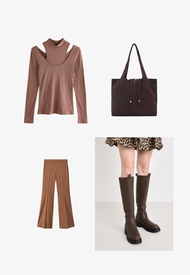 Długi rękaw w stonowanym kolorze rdzy, ribbowa tekstura, z wysokim kołnierzem i charakterystycznym wycięciem na ramionach.; Brązowe spodnie typu wide-leg o gładkiej teksturze, z wysokim stanem, dwoma plisami z przodu i prostym krojem do dołu.; Brązowe kozaki do kolan o teksturowanej powierzchni, z solidną czarną gumową podeszwą i zamkiem błyskawicznym z boku.; Mango - Torba na zakupy