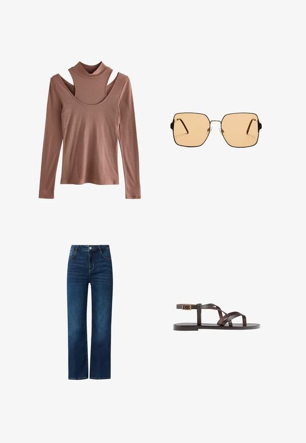 Langärmliges Oberteil in gedämpftem Rostton, mit gerippter Textur, ausgestattet mit einem Stehkragen und einem auffälligen Cut-Out-Design an der Schulter.; Blaue Jeans aus Denim mit geradem Schnitt, ausgestattet mit einem Reißverschluss vorn, fünf Taschen und kontrastierenden Nähten. Glatte Textur, mittlere Wäsche.; Braune Leder-Sandale mit überkreuzten Riemen, einem Knöchelriemen mit Schnalle und einer flachen Sohle mit minimalen Nähdetails.; Quadratische Sonnenbrillen mit braunen Gläsern und einem dünnen schwarzen Metallrahmen. Verfügt über schräg gestaltete Bügel und verstellbare Nasenpads für zusätzlichen Komfort.; Wickeltasche aus geflochtenem Stroh in schlanker Form, hellbraune Farbe, V-förmige Öffnung und mit einem Lederakzentlabel am Boden. Weiche Textur.