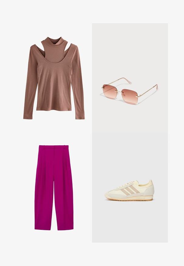 Haut à manches longues de couleur rouille douce, texture côtelée, avec un col montant et un design distinctif avec une découpe sur l'épaule.; Pantalons large en fuchsia avec des plis, présentant une texture lisse et une taille haute. Comprend des passants de ceinture et une silhouette ajustée.; Sneaker athlétique crème avec trois rayures beiges, en matériaux en suède et textile, une semelle texturée et une marque en relief sur le talon.; Lunettes de soleil rectangulaires avec des verres dégradés rose, monture en métal doré et branches roses. Comprend de petites plaquettes de nez et des détails subtils sur les charnières.