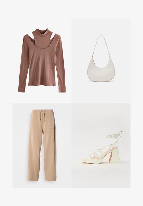 Pitkähihainen toppi hillityssä ruosteen värissä, ribbitekstuuri, jossa on korkea kaulus ja erottuva olkapääaukko.; Harmaat, leveät housut pehmeästä kankaasta, joissa on joustava vyötärö ja naru. Sivussa on huomaamaton brändäys ja sivutaskut.; Valkoinen korkokenkä, jossa on paksu korko, ja joka sisältää nauhakiinnityksen ja nilkkaketjun. Sujuva pinta, jossa on platform-etupohja lisäkorkeutta varten.; Kreemivärvi nahast õlakott, millel on kuu kujuline disain, õhuke rihm ja peened õmblused. Minimalistlik disain koos kuldse tooni metallitöötluse aktsentidega.