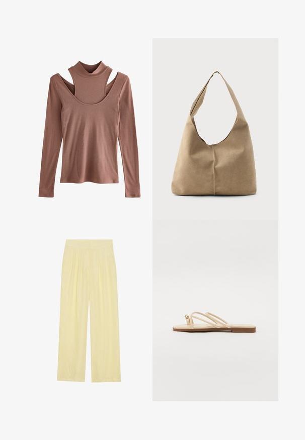 Camiseta de manga larga en un tono óxido suave, con textura acanalada, que presenta un cuello alto y un diseño de corte distintivo en los hombros.; Pantalones anchos de color amarillo claro, hechos de una tela texturizada, con un frente plisado y una cintura alta elástica.; Sandalias planas beige con tres tiras delgadas y un pequeño acento dorado redondeado. Material suave con un diseño minimalista y una suela marrón.; Bolso tipo hobo en suave ante beige con forma caída, amplia correa para el hombro y un detalle de costura a mano en la parte delantera.