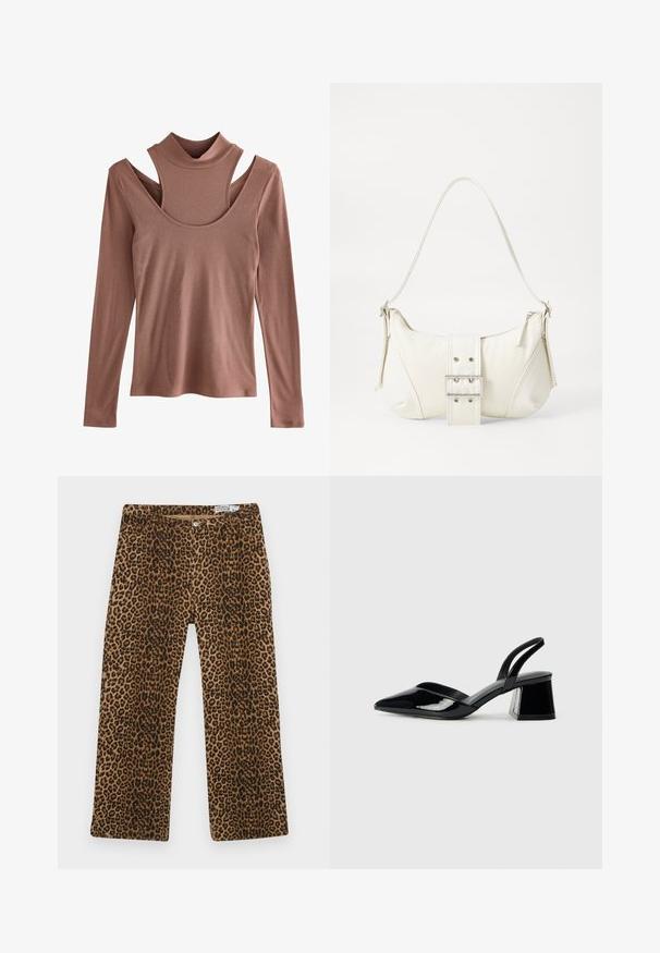 Dlhý rukáv top v tlmenej tehlovej farbe, ribkované textúrovanie, s vysokým golierom a výrazným strihom na pleciach.; Nohavice s leopardím vzorom, ktoré majú hnedo-čierny motív, rovný strih a klasické pät pocket spracovanie. Vyrobené z bavlneného zmesového materiálu.; Čierne lakované kožené sandálové podpätky s špicatou špičkou a geometrickým blokovým podpätkom. Disponujú elegantným, minimalistickým dizajnom a hladkým povrchom.; Biela taška cez rameno s textúrovaným povrchom, centrálnou prackou a zakriveným tvarom. Zipsy na oboch stranách.; Tričko na vlasy: jedno čierno-biele mramorované, dve korytnačie v hnedej a čiernej farbe, všetky vyrobené z lesklého plastu s textúrovaným povrchom.