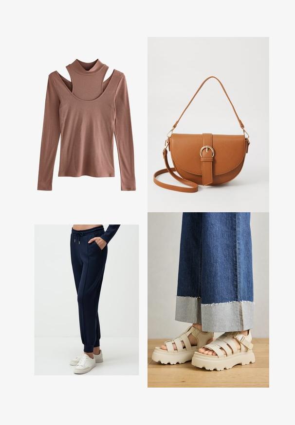 Langärmliges Oberteil in gedämpftem Rostton, mit gerippter Textur, ausgestattet mit einem Stehkragen und einem auffälligen Cut-Out-Design an der Schulter.; Jimmy Key JOGGER - Jogginghose - dark blue; Beige Plattform-Sandalen mit dicken Sohlen verfügen über ein Riemchen-Design und verstellbare Knöchelriemen. Getragen zu weit geschnittenen Denim-Hosen, ist ein Saum ausgefranst.; Braune Leder-Crossbody-Tasche mit geschwungener Form, goldfarbenen Beschlägen und einer Schnallenakzentuierung. Verfügt über einen abnehmbaren Schultergurt.