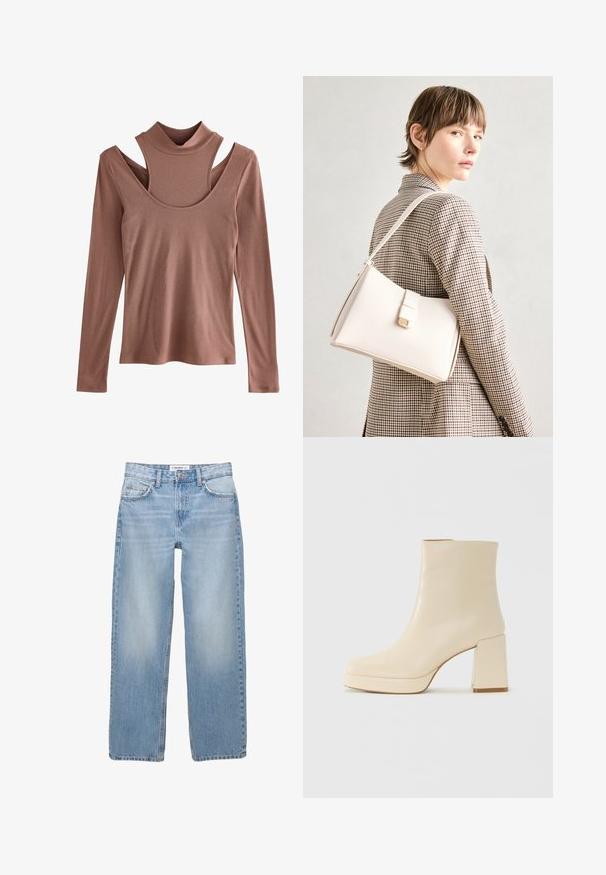 Maglietta a maniche lunghe in un colore ruggine smorzato, con texture a coste, dotata di collo alto e un design distintivo con spalle a taglio.; Jeans in denim azzurro chiaro con design a gamba dritta, stile a cinque tasche e dettagli di cucitura visibili. Il tessuto ha una texture morbida e leggermente scolorita.; Stivaletti beige in pelle con tacco a blocco e suola platform, finitura liscia e punta leggermente quadrata, rivolti a sinistra su sfondo bianco.; Borsa a mano in pelle bianca con un design strutturato, presente di un clasp magnetico e una tracolla, esposta su uno sfondo neutro.
