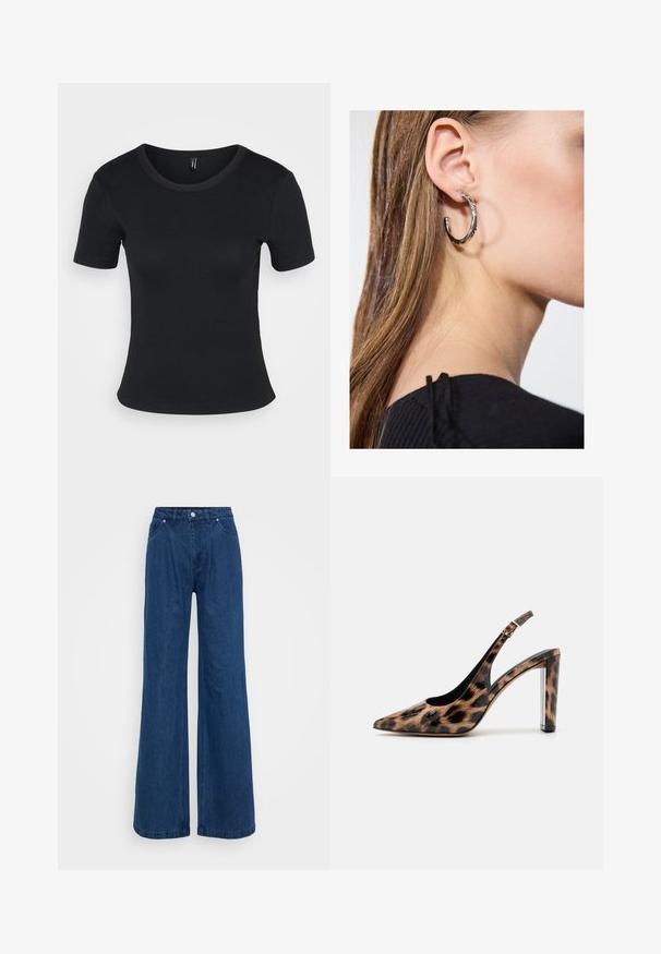 Juodas mėlynos juostelės trumpomis rankovėmis marškinėliai su apvalia iškirpte. Minkšta tekstūra ir prigludęs dizainas, su tiesiu apatine dalimi ir minimaliais elementais.; Mėlynos plačios džinsinio audinio kelnės su aukšta juosmens linija, priekyje mygtukas ir užtrauktukas, bei priekinės ir užpakalinės kišenės prieš paprastą foną.; Leopardų rašto slingback aukštakulniai su smailiu priekiu ir skaidriu blokuotu kulnu. Pagaminti iš blizgaus medžiagos su glotnia tekstūra.; Sidabrinė lankinė auskarai su poliruotu paviršiumi, turintys mažus auksinius akcentus ir apvalią formą, dėvimi ant ausies kaušelio.